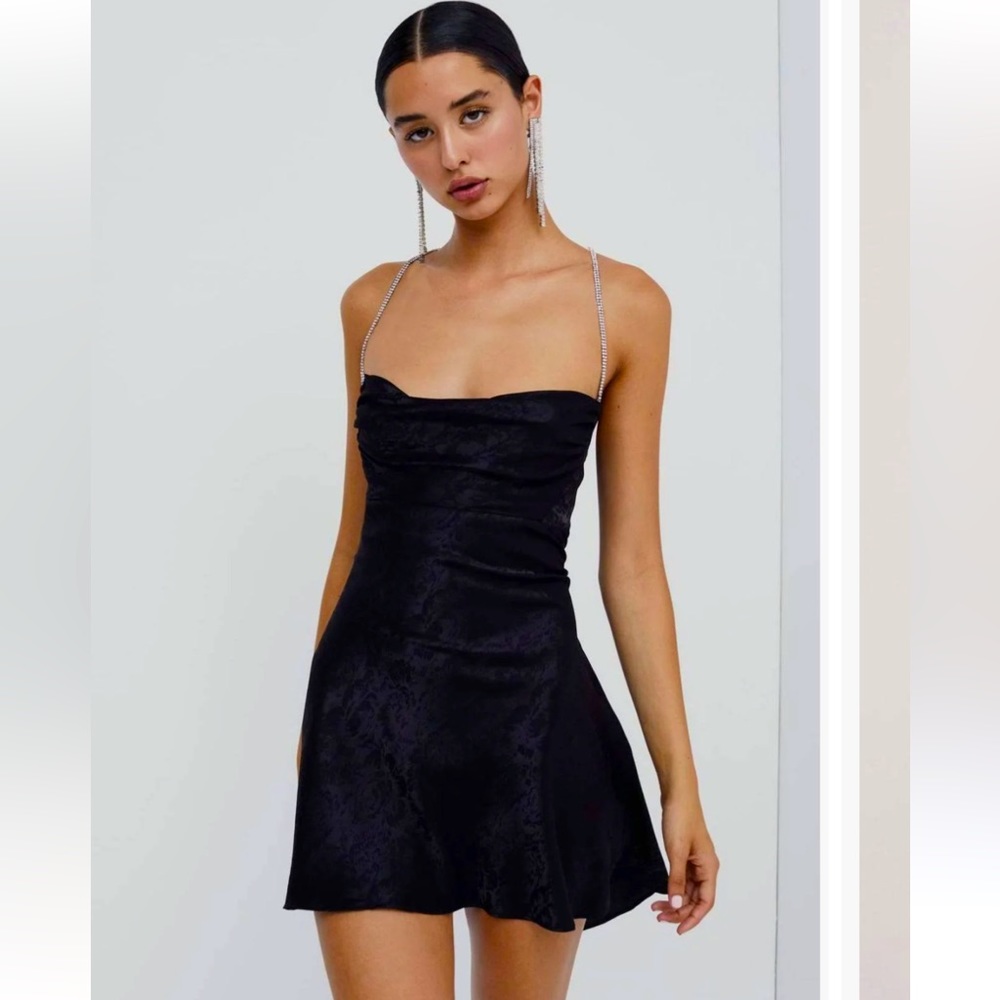 NWT for love & lemons Gabrielle mini dress in black with rhinestone accents